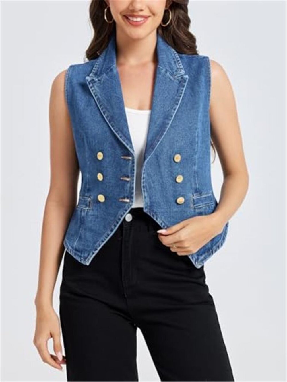 Women's Denim Vest Top Lapel V Neck Sleeveless Jean Vest - Picture 4 of 6